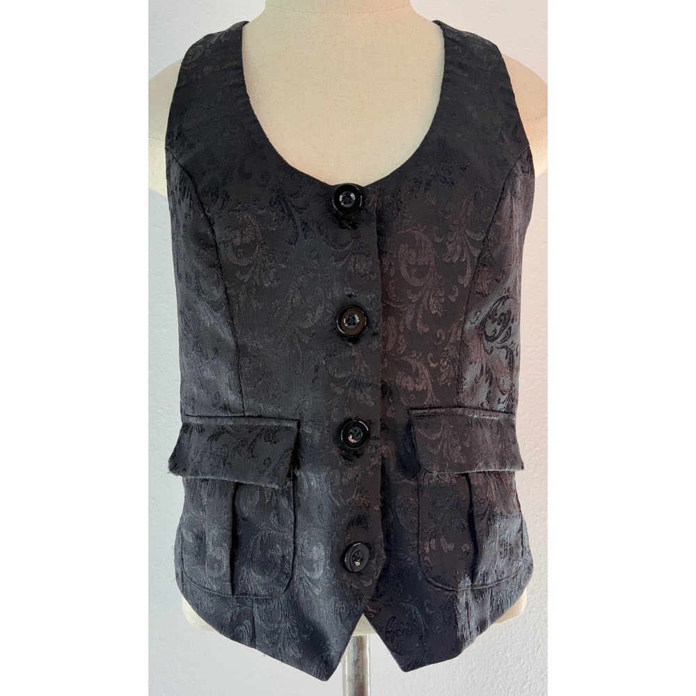 Vintage 90s Y2K Kancy Kole Black Jacquard Waistcoat Vest Steampunk Goth Small